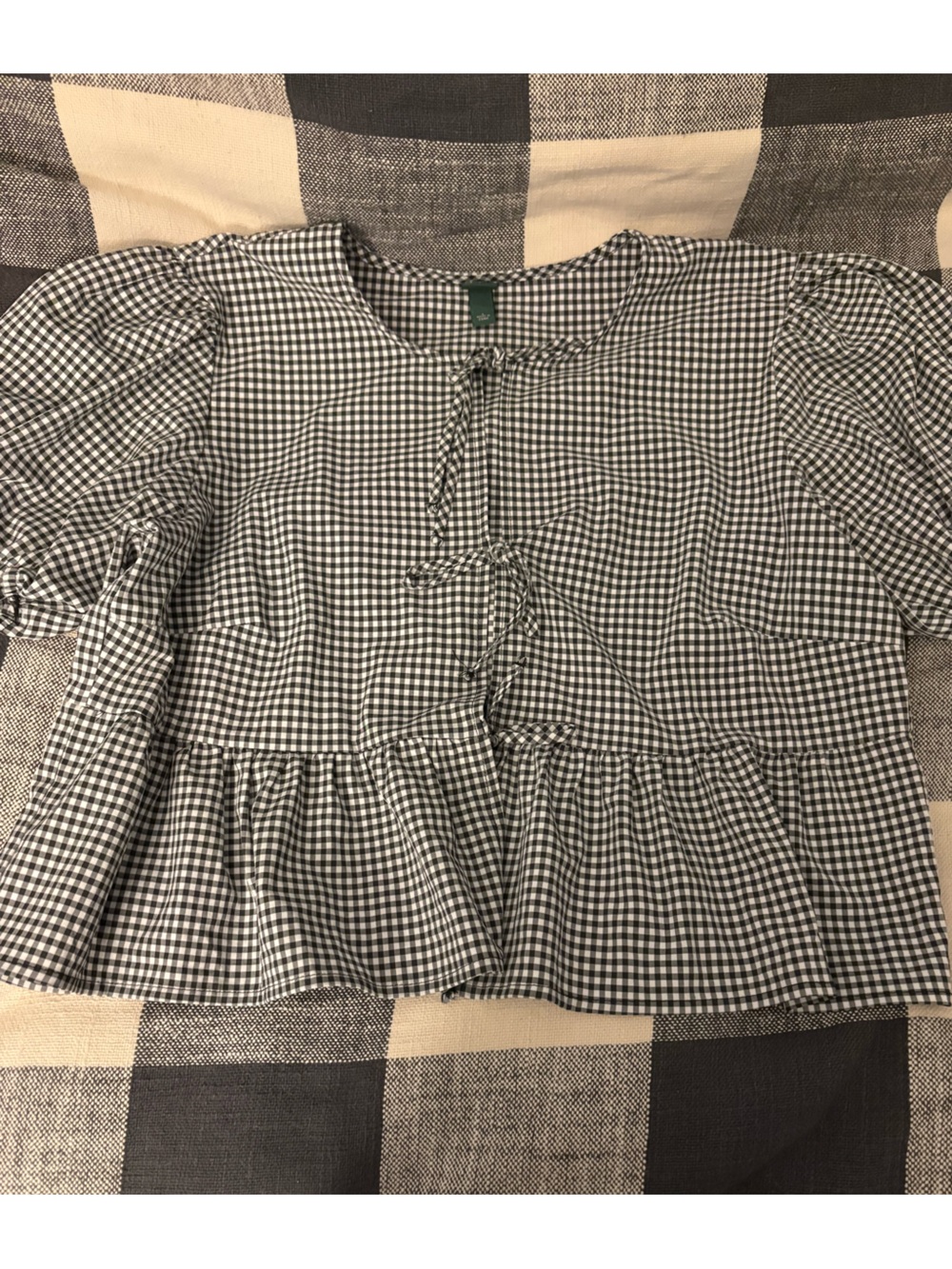 Lands' End Black and White Gingham Tie-Front Blouse